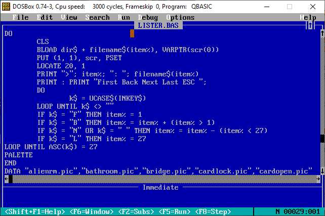 Screen dump showing editing a program in QBASIC.